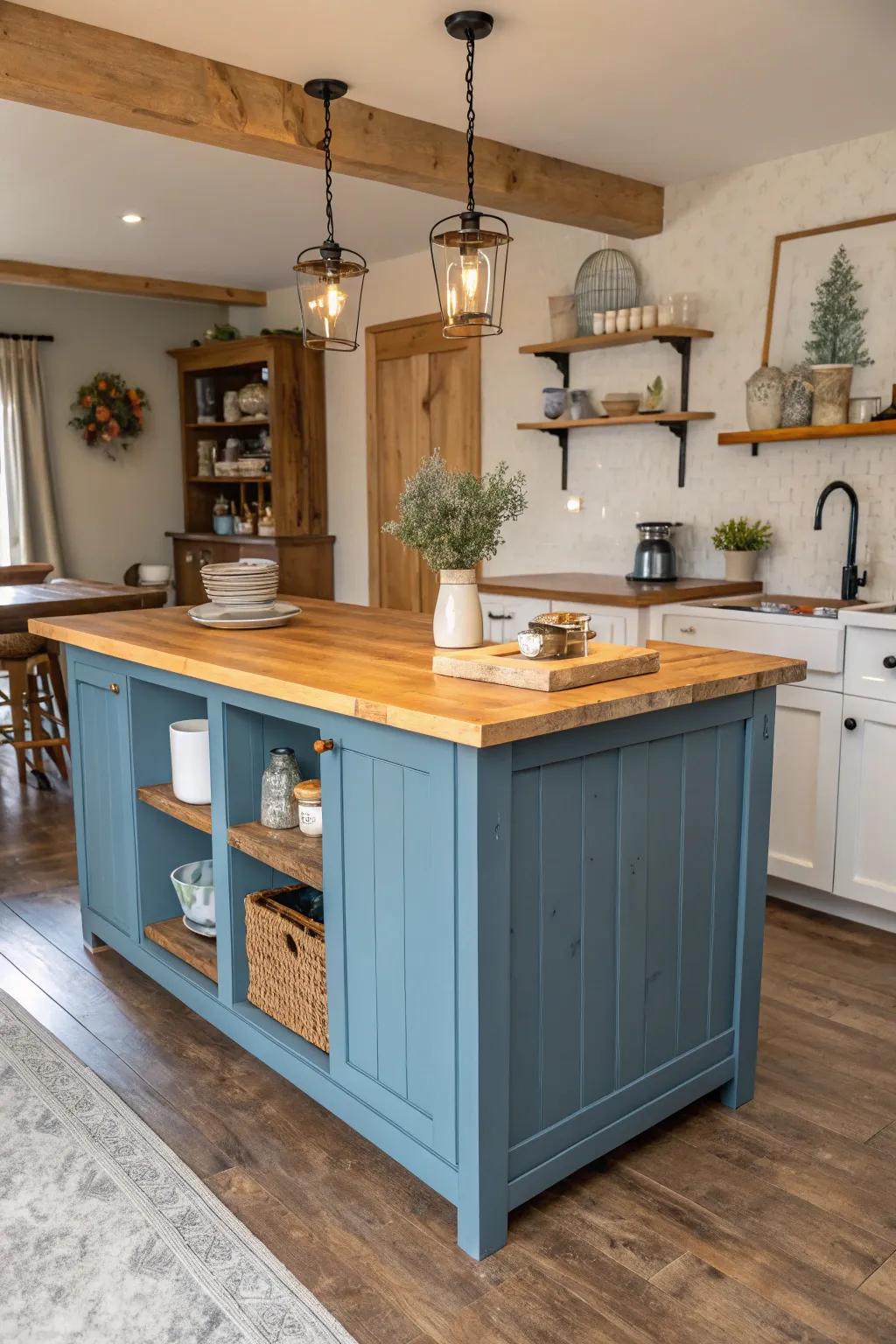 Timber worktops add warmth to the cerulean cooking hub's attractive design.