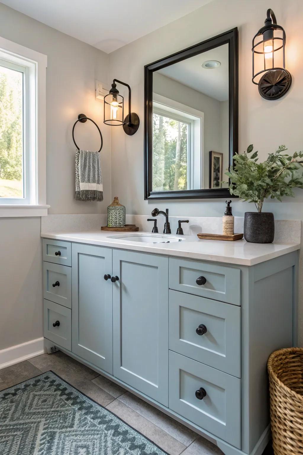 A DIY soft blue vanity rejuvenates any bathroom setting.