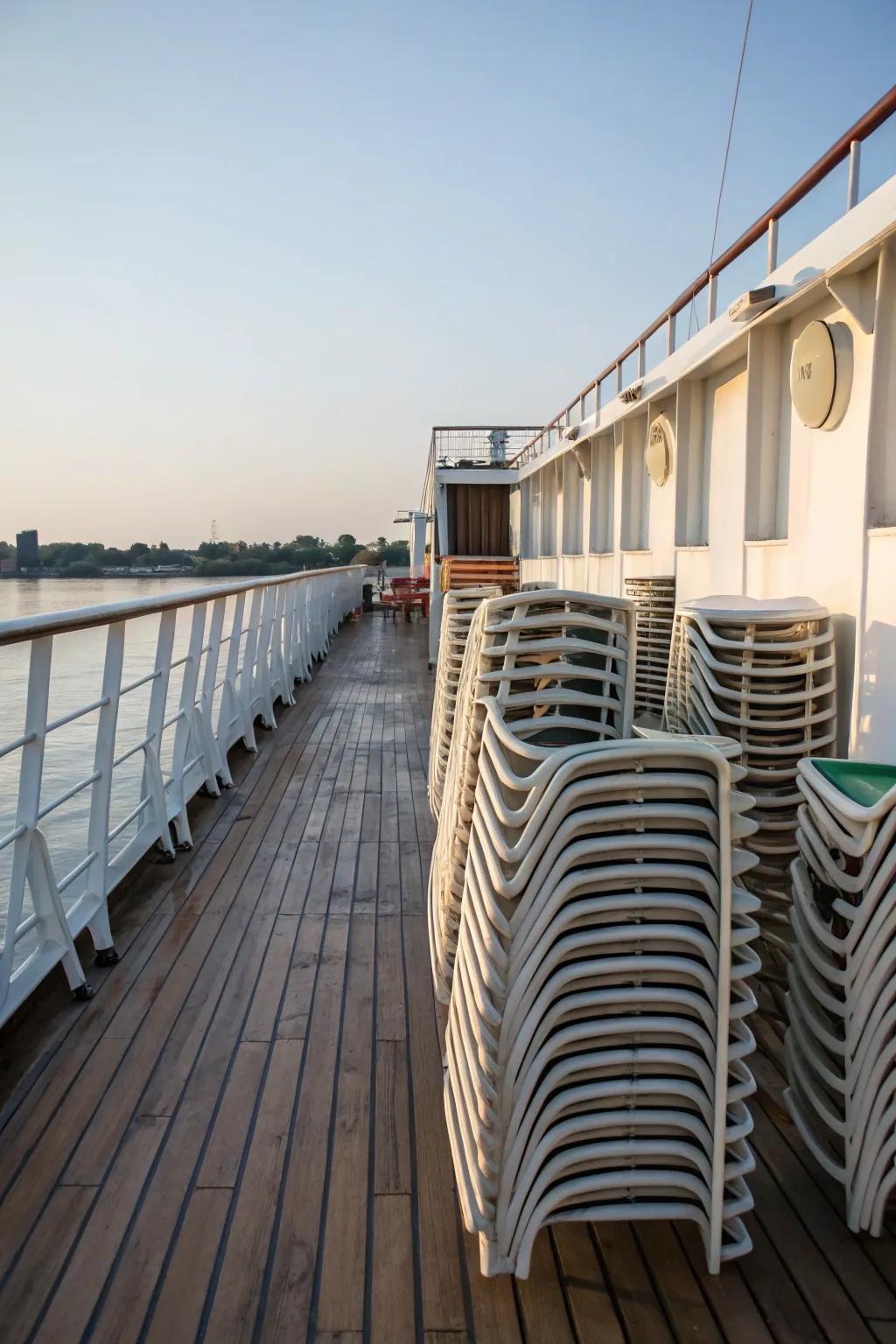 Stackable seats stowed neatly on a boat deck.