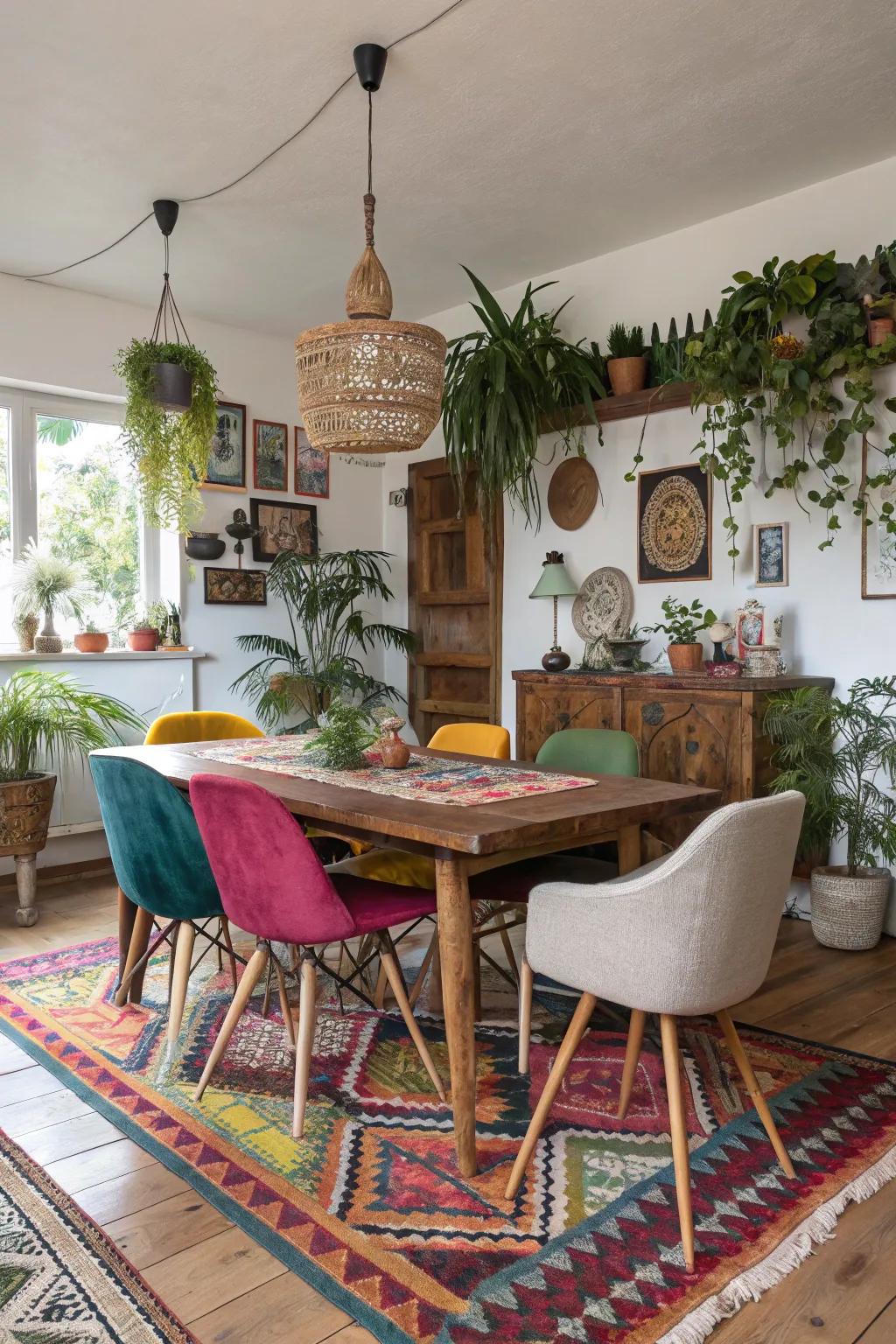 An eclectic assortment of seating injecting personality into a boho dining space.