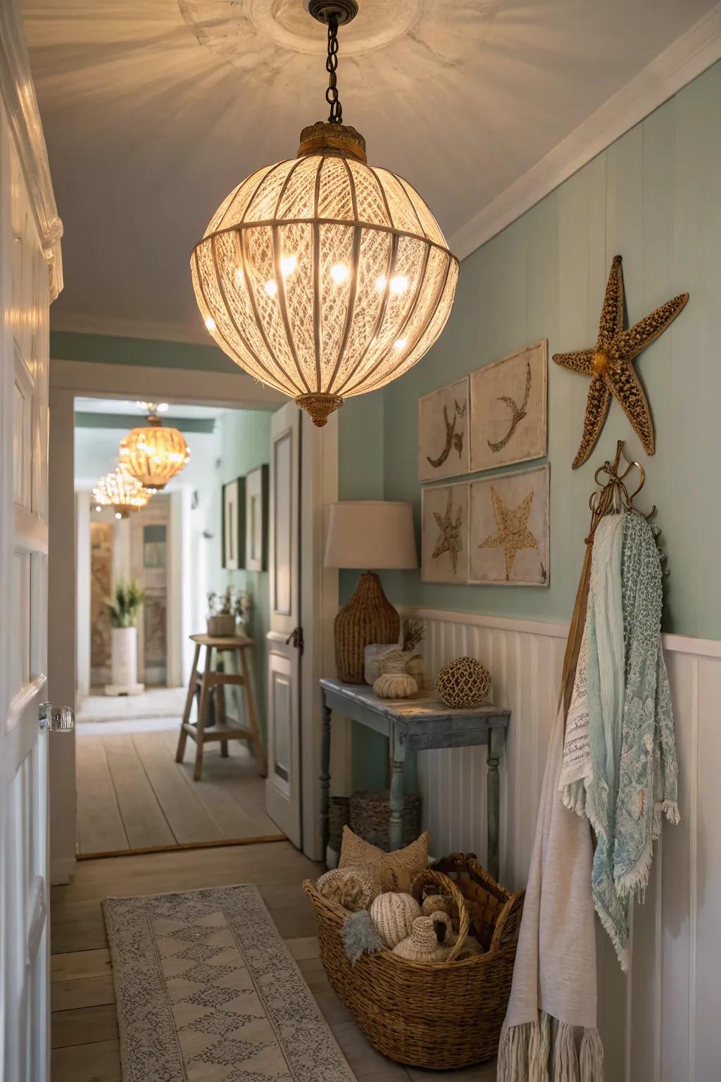 The seashell drop light radiates an organic luminescence along this boho corridor.