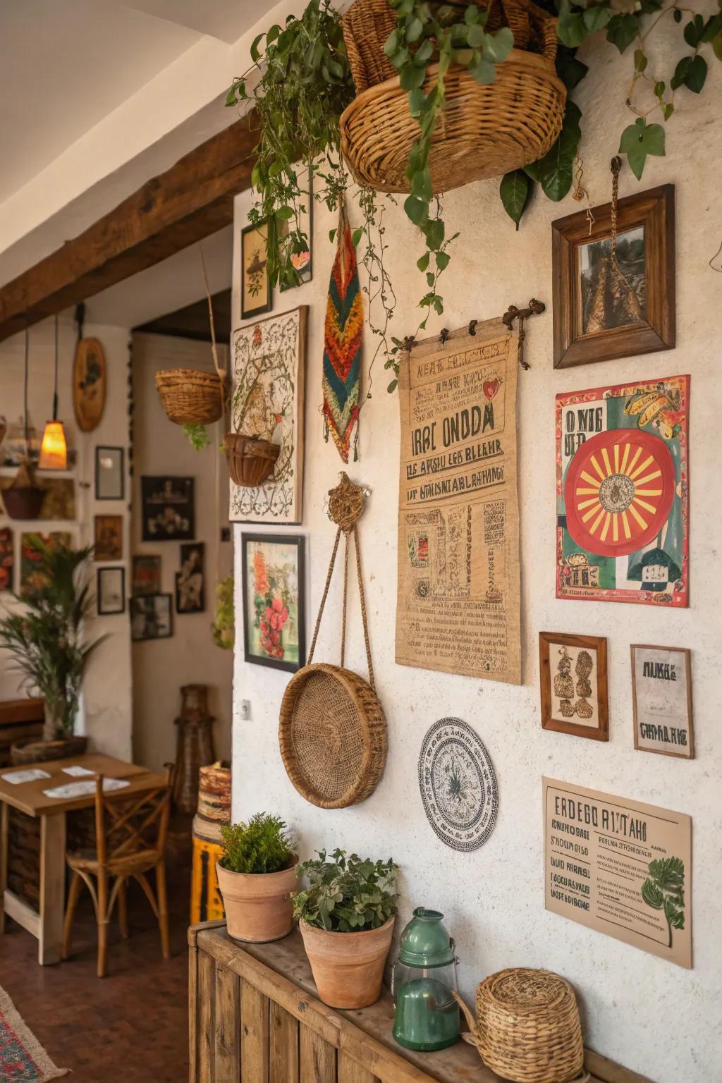 Vintage and handcrafted finds impart character to this bohemian wall.
