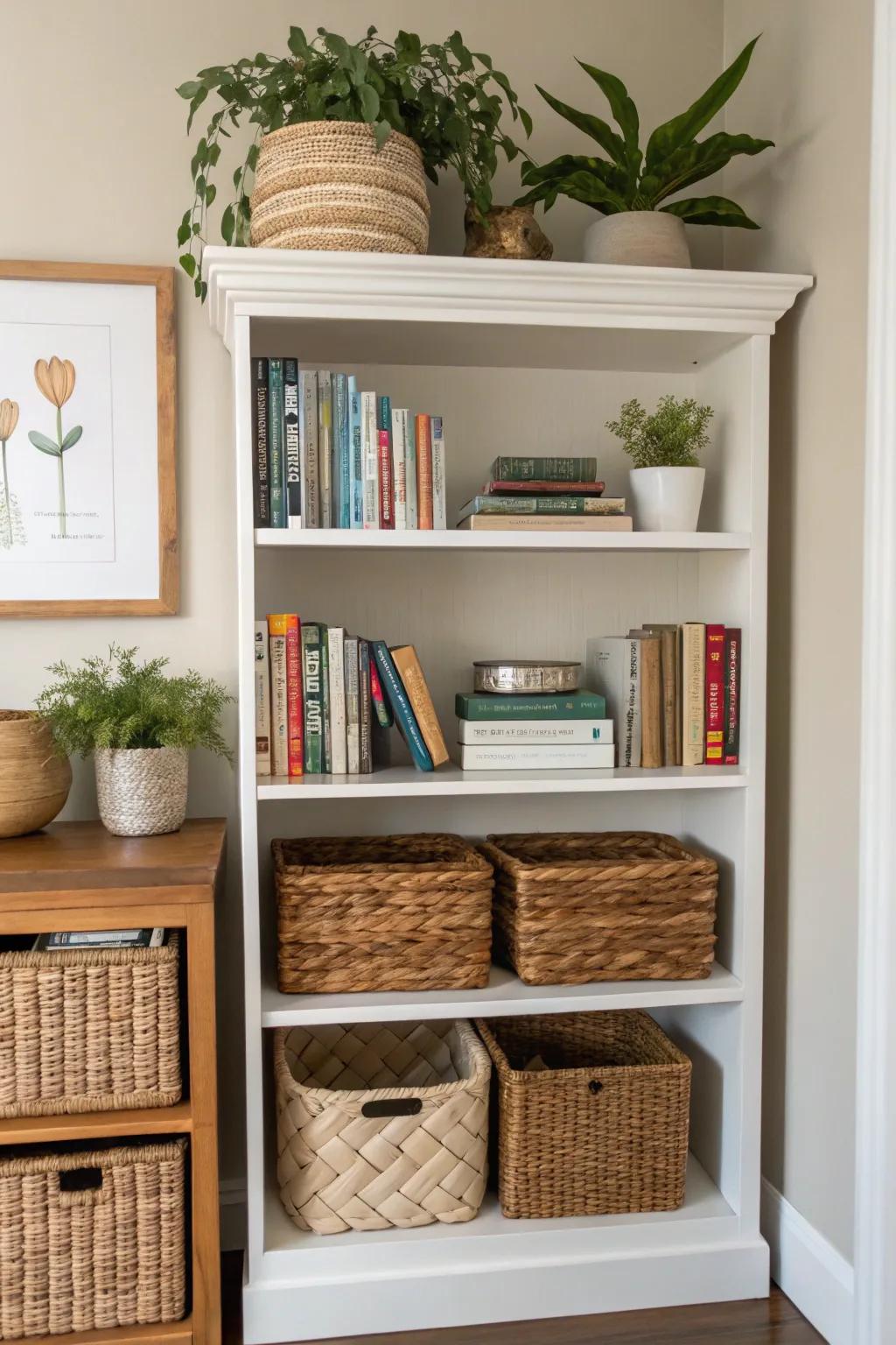 Baskets contribute both panache and utilitarian storage capacity to a shelving unit.