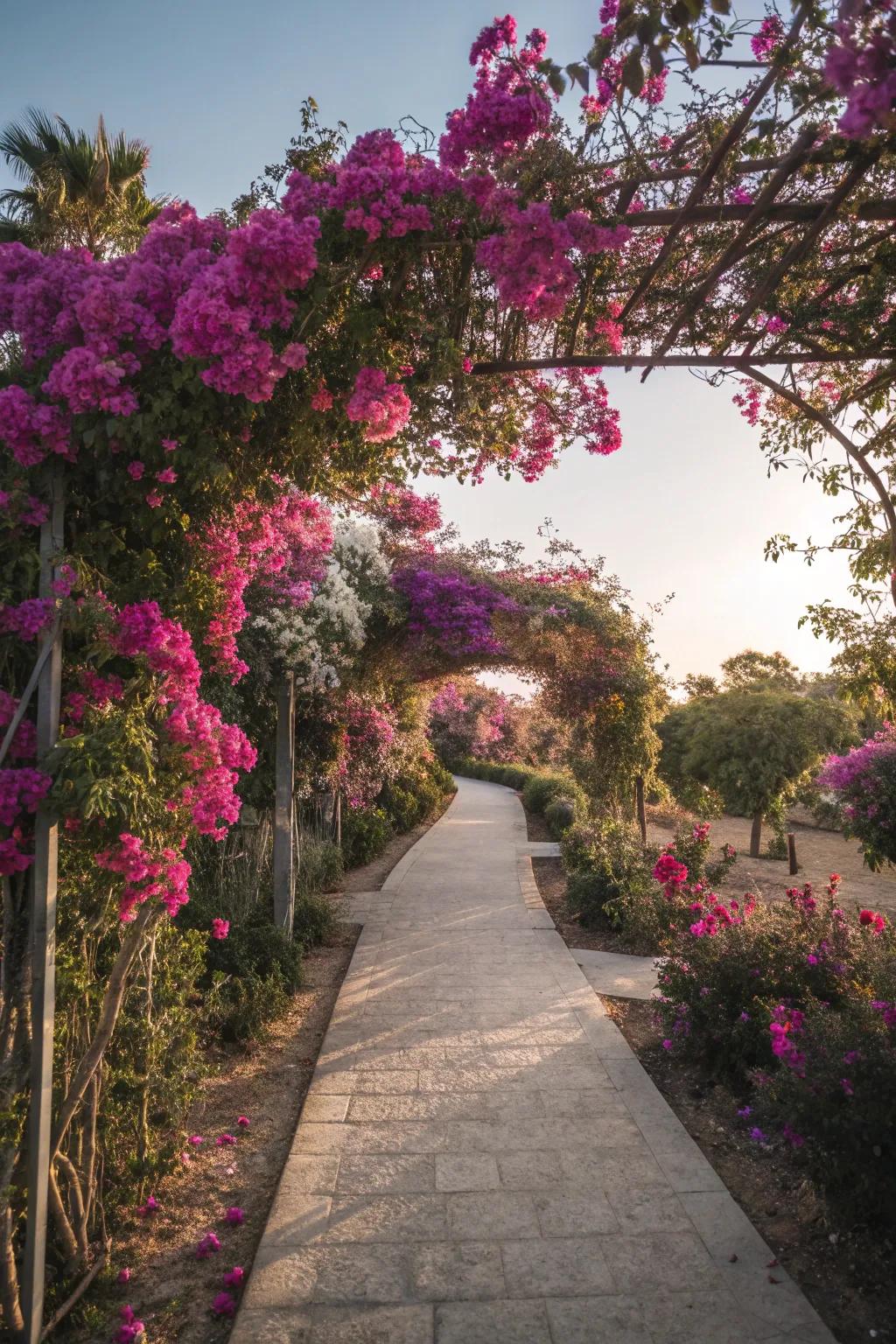 Bougainvillea bordering a garden path, creating a colorful passage.