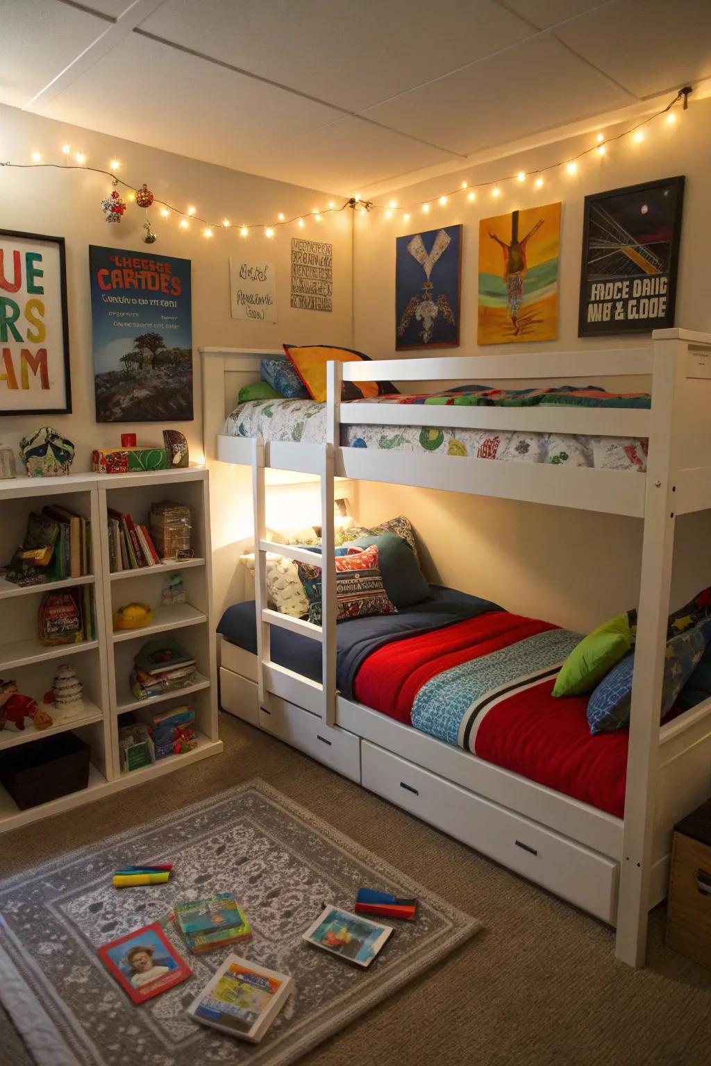 Under-bed illumination contributes to both atmosphere and utility.