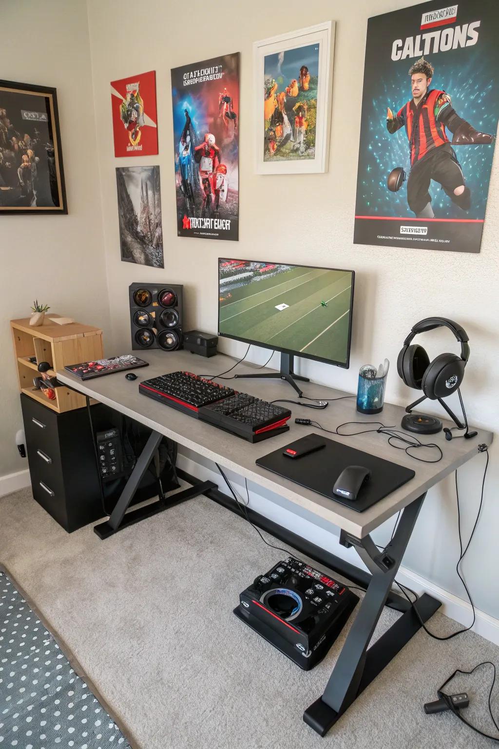 A wide desk including built-in cable management to keep a neat gaming setup.