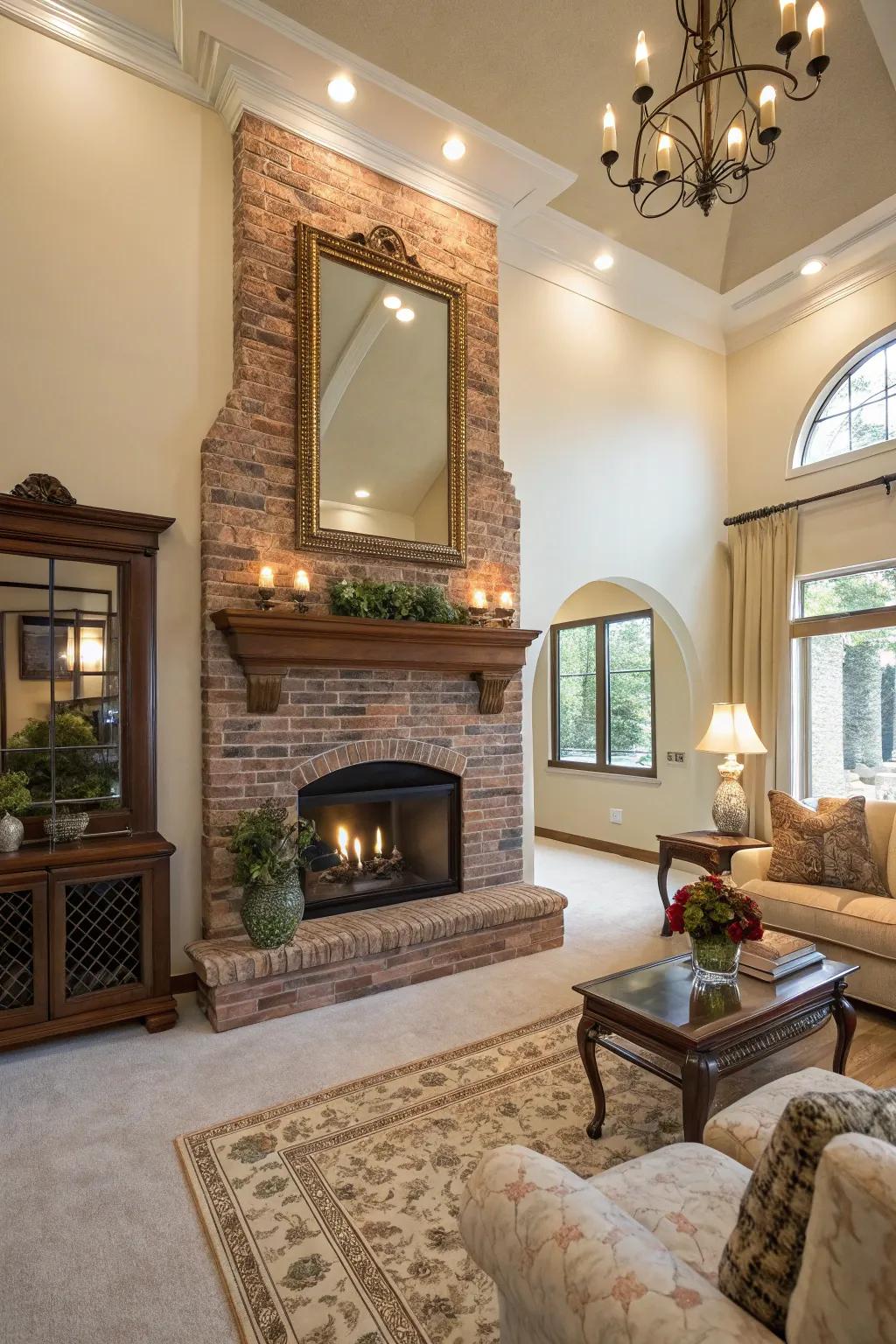 A grand reflector above the hearth creates depth and elegance.
