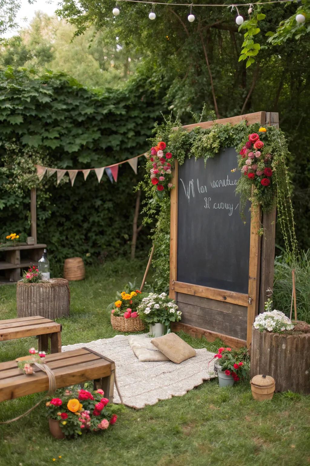 An outdoor chalkboard arrangement introduces a hint of nature to your bridal shower.