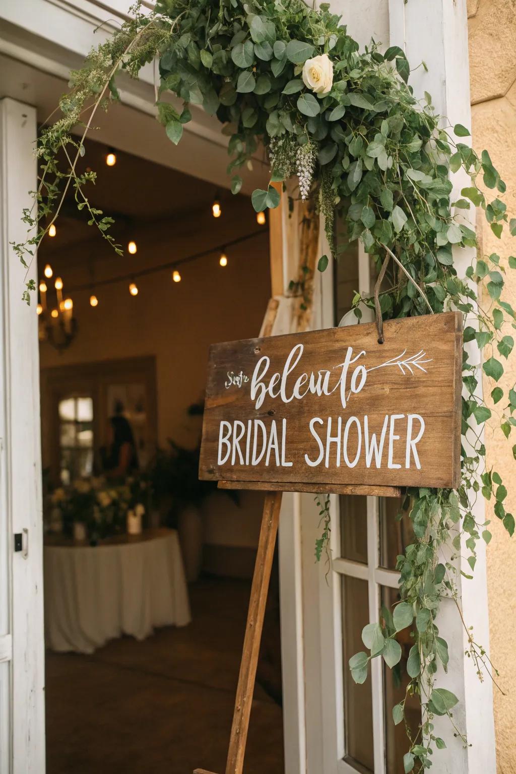 Delightful wooden signs lead guests into the bridal shower, adding a rustic touch.
