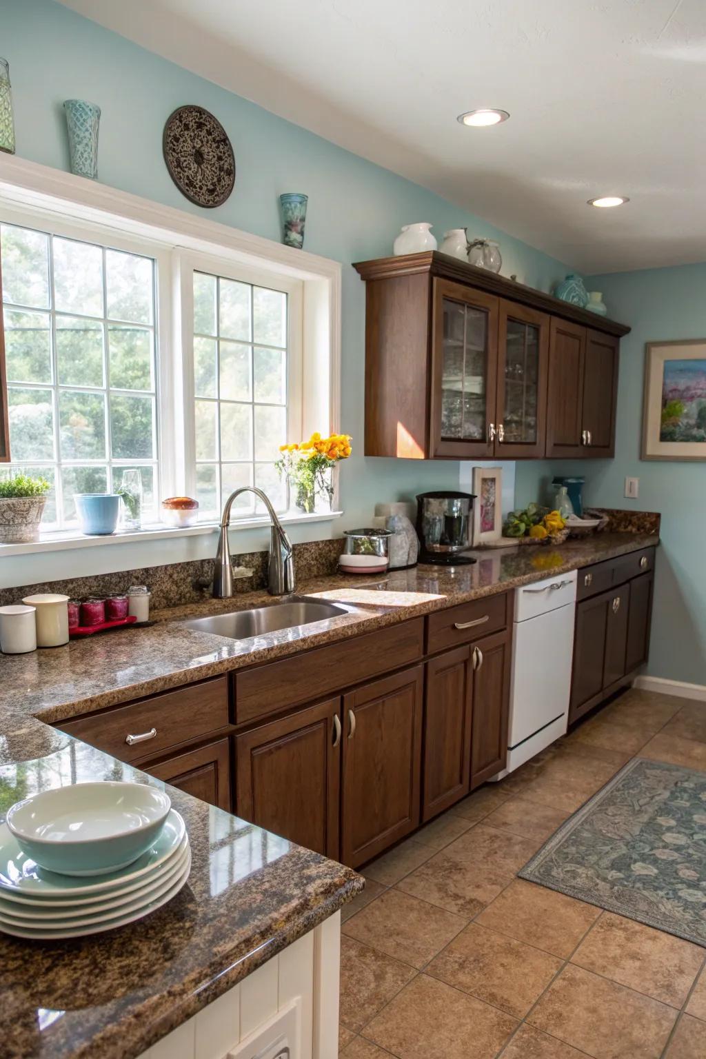 Light blue brings a serene contrast to the richness of brown granite.