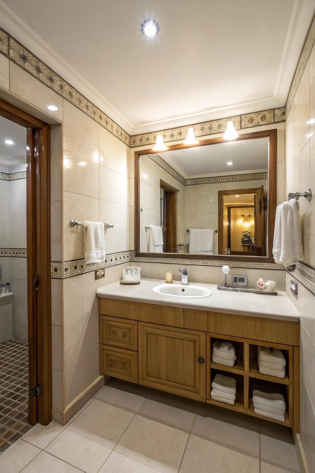 A large mirror maximizes the sense of space in a small bathroom.