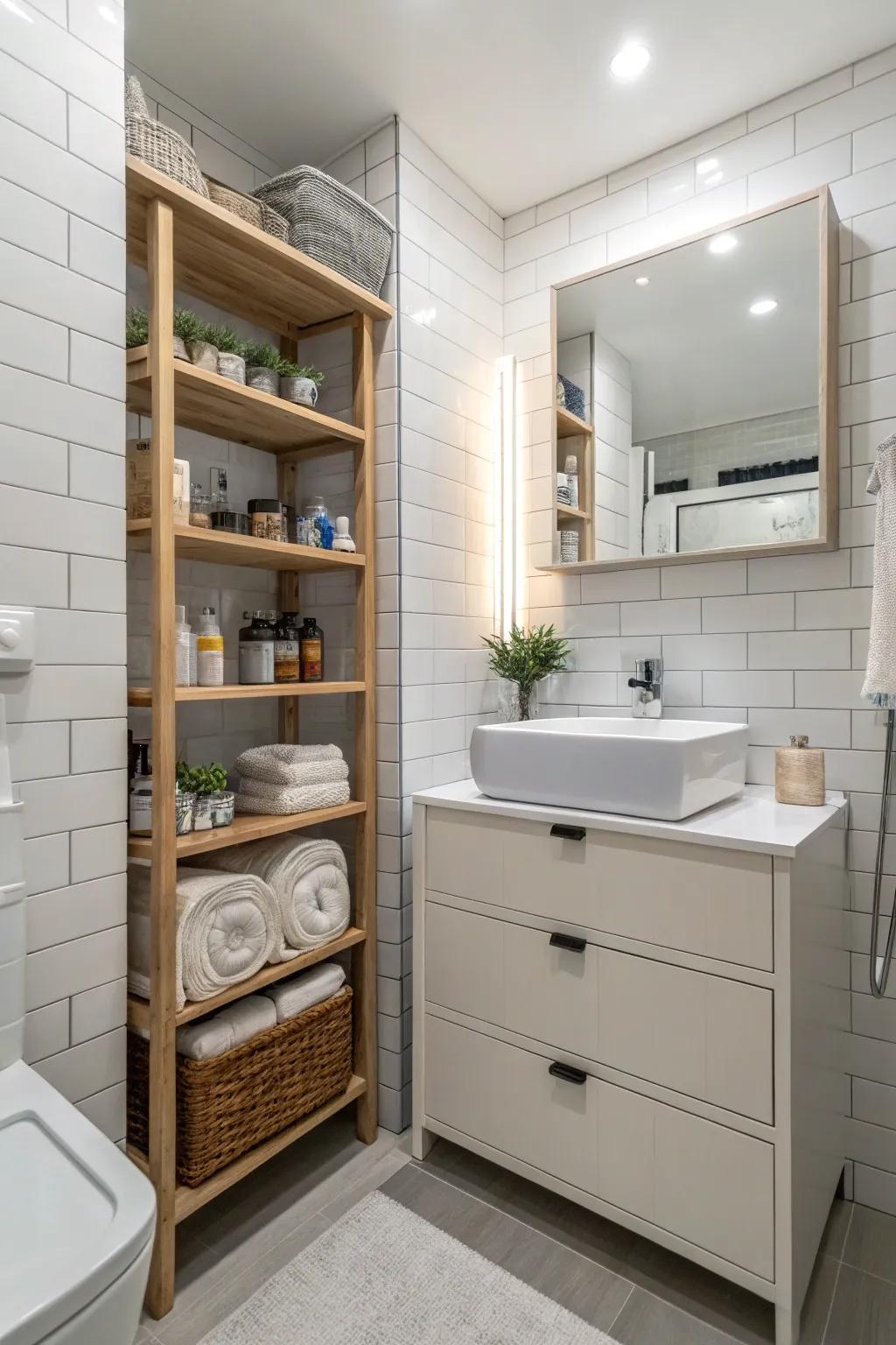 Efficient storage ensures your bathroom remains uncluttered and chic.