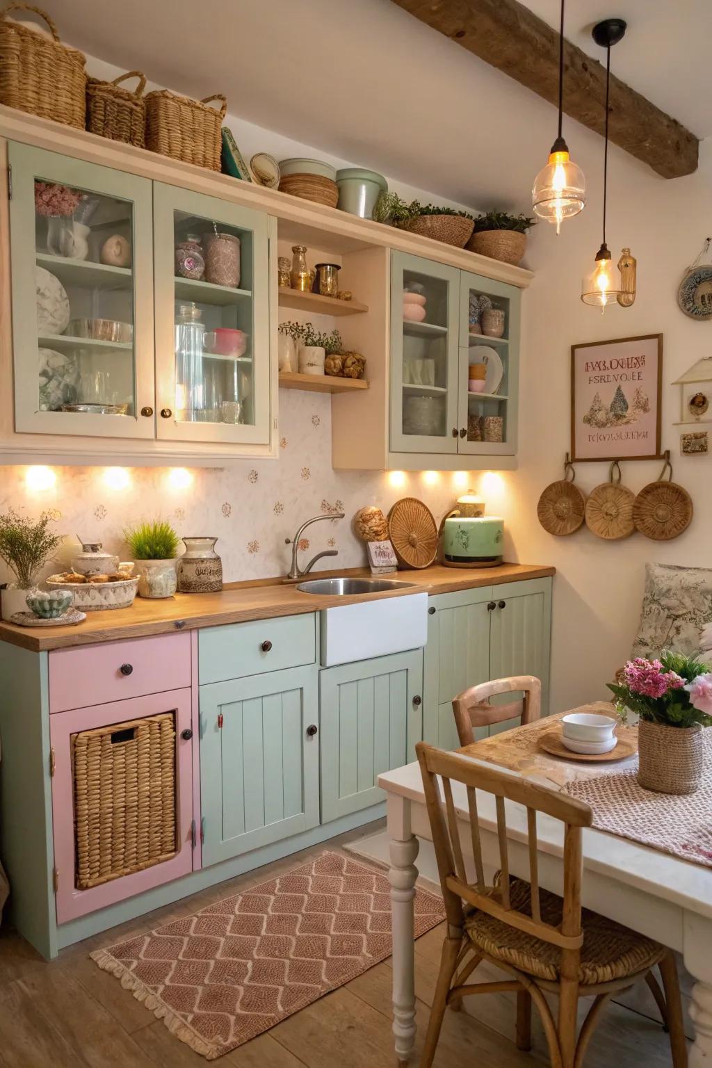DIY components contribute coziness and individuality to this cooking area.