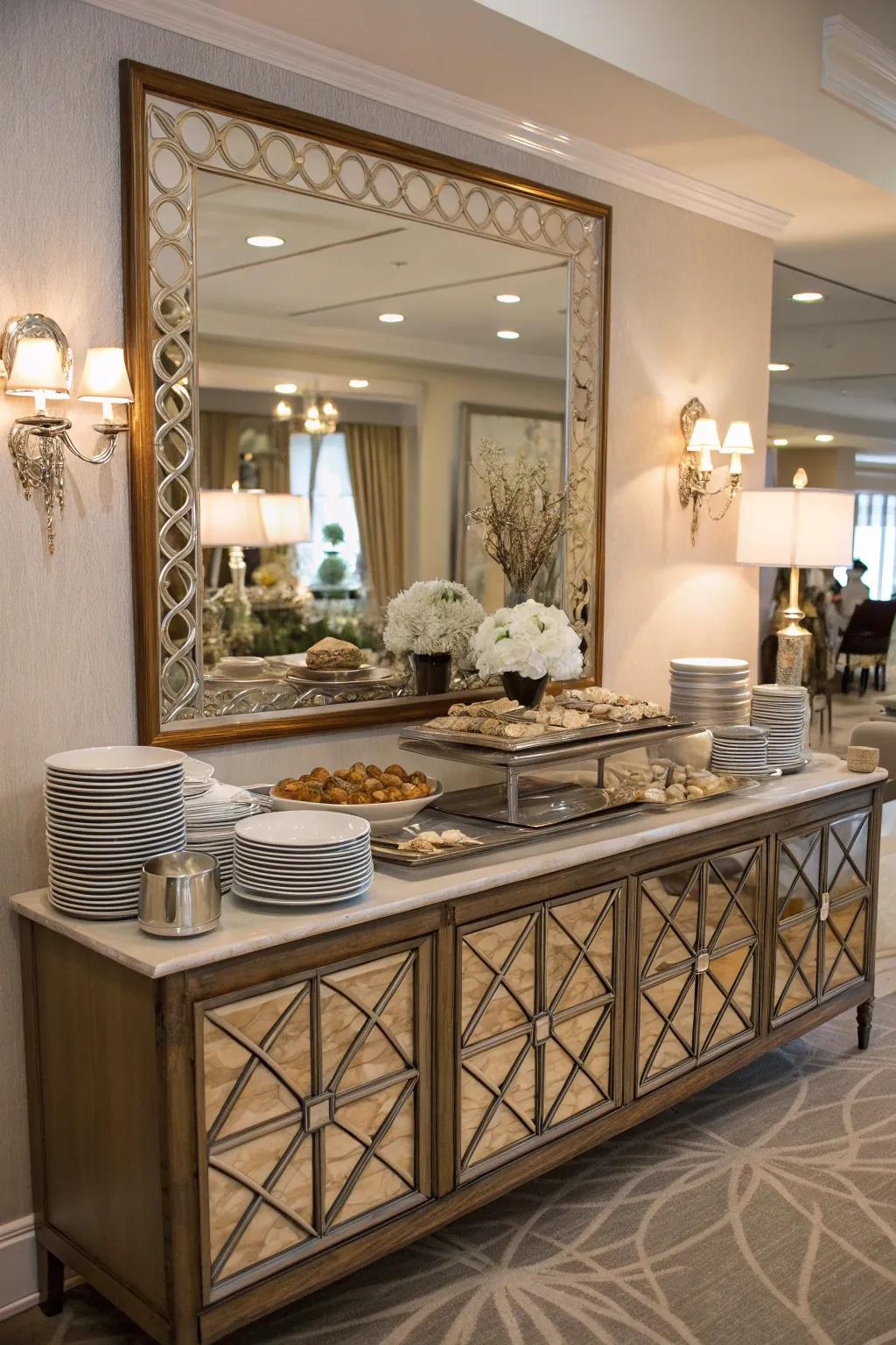 Art and reflective surfaces craft a sophisticated panorama.