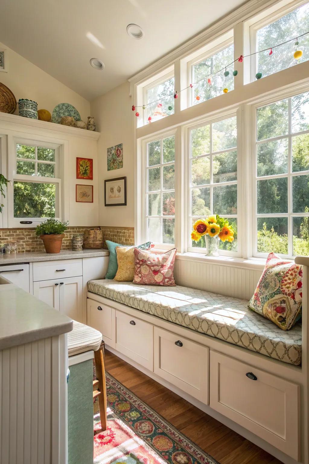 Enjoy the beauty of sunlight with banquette seating by the window.