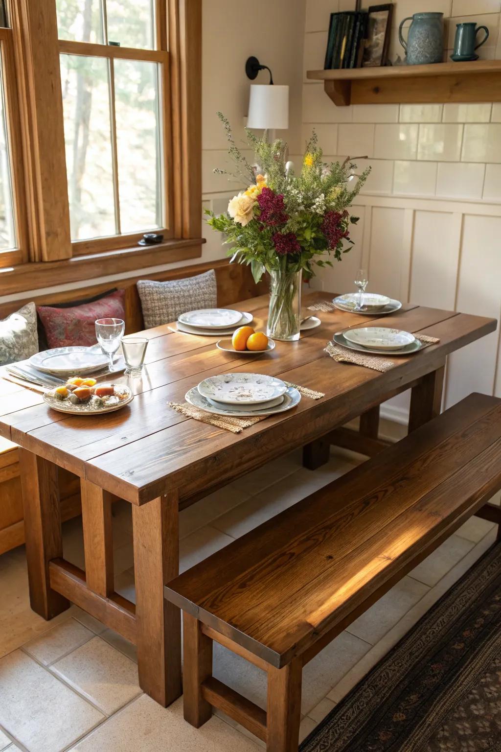 Merge functionality with style through bench and table arrangements.