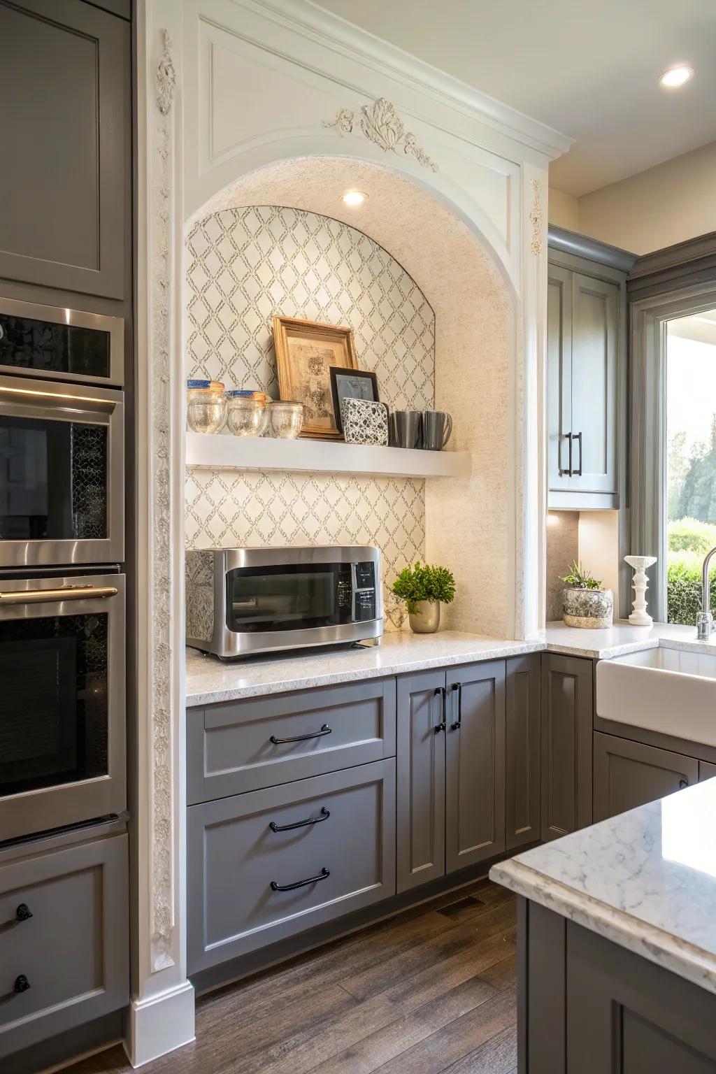 Stylish kitchen featuring a decorative niche for the microwave.