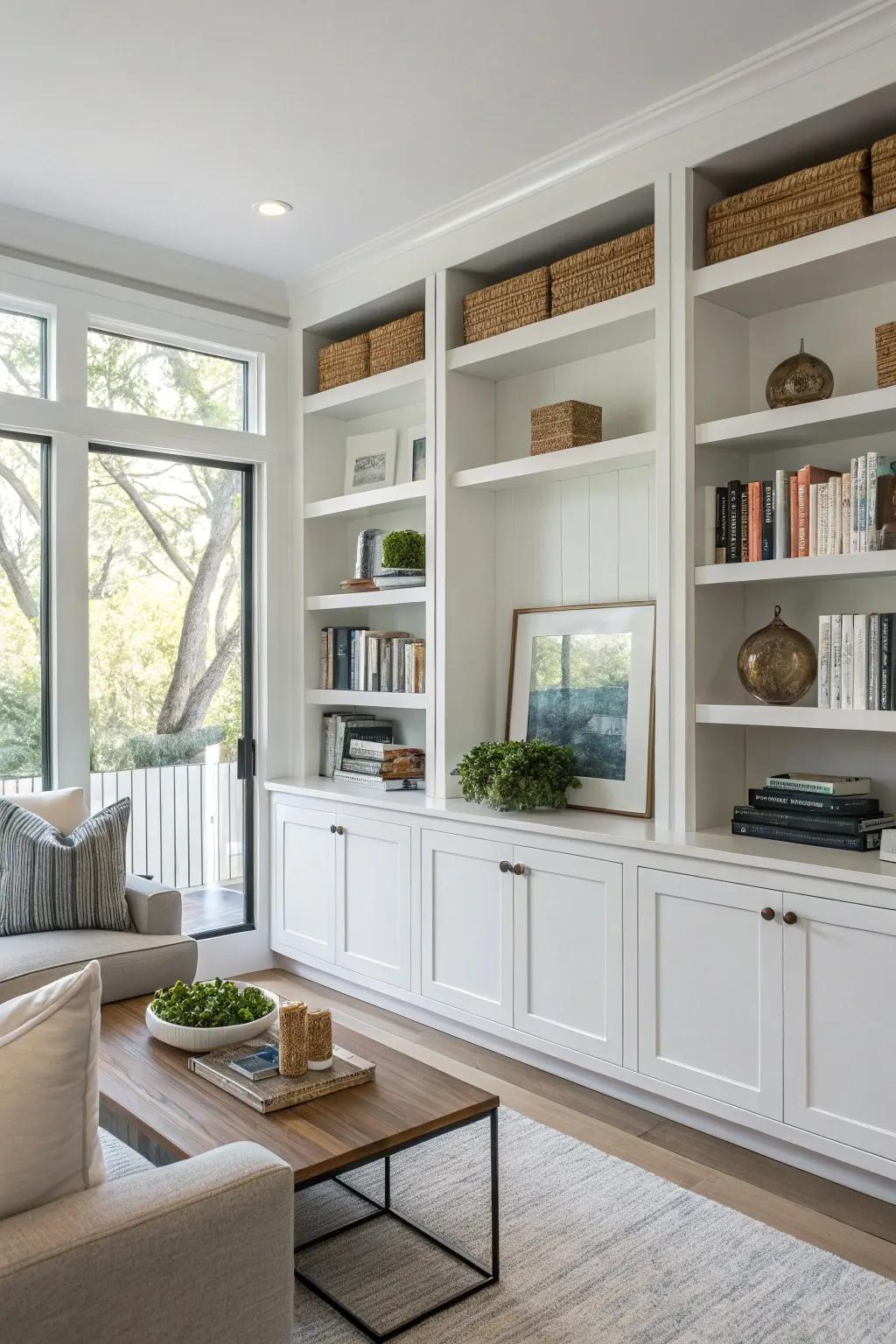 Useful storage having a combo of both display and enclosed shelves keeps the spot well-kept.