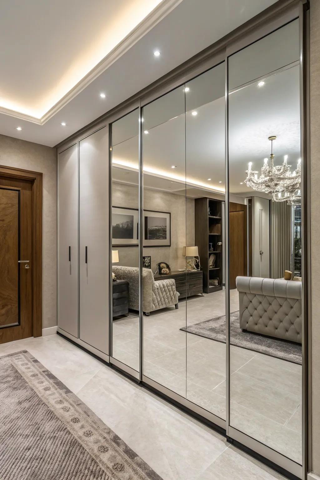 Reflective wardrobe panels contribute depth and utilitarian value.