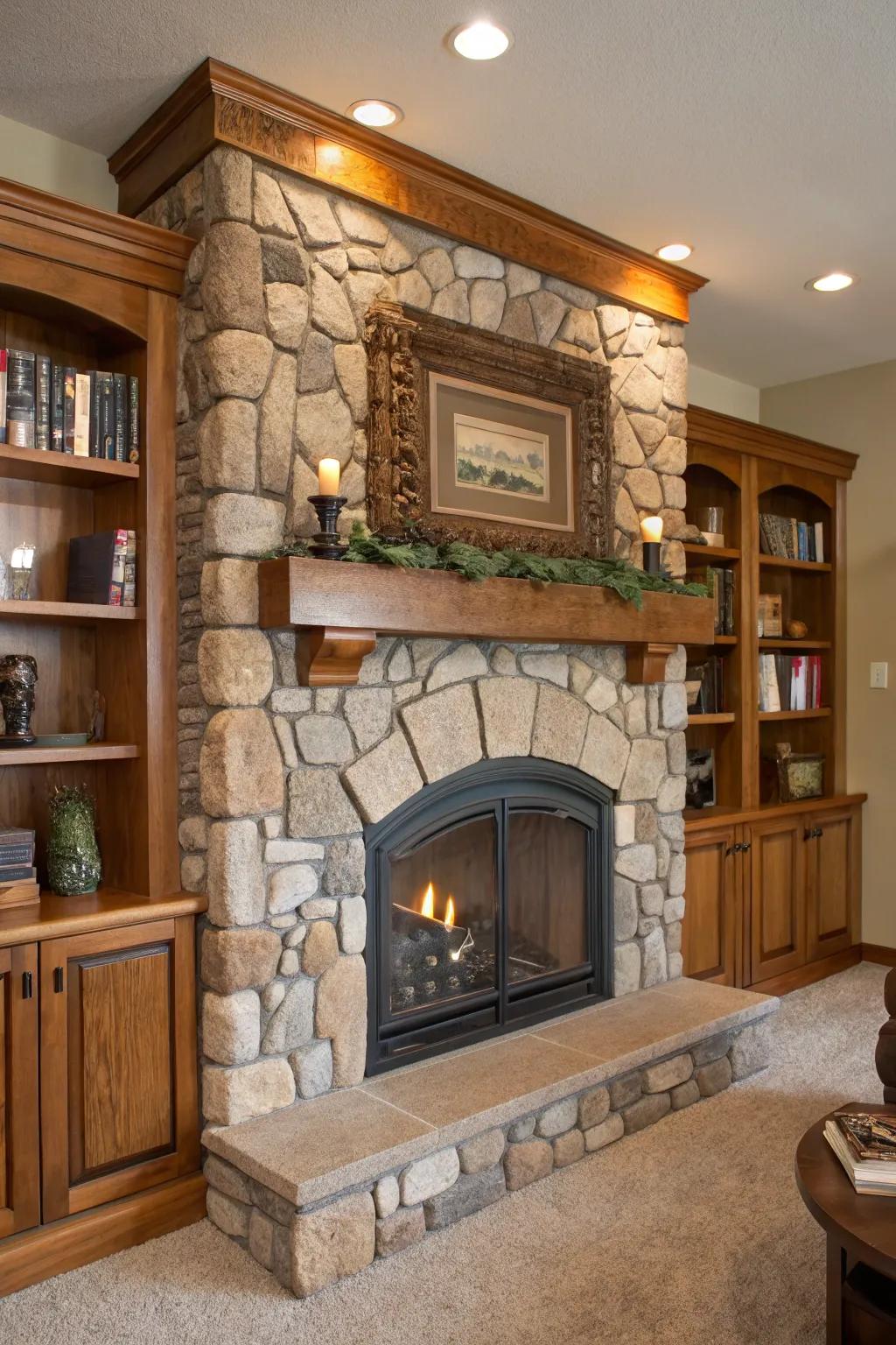 Stone accents impart a rustic elegance to fireplace built-ins.