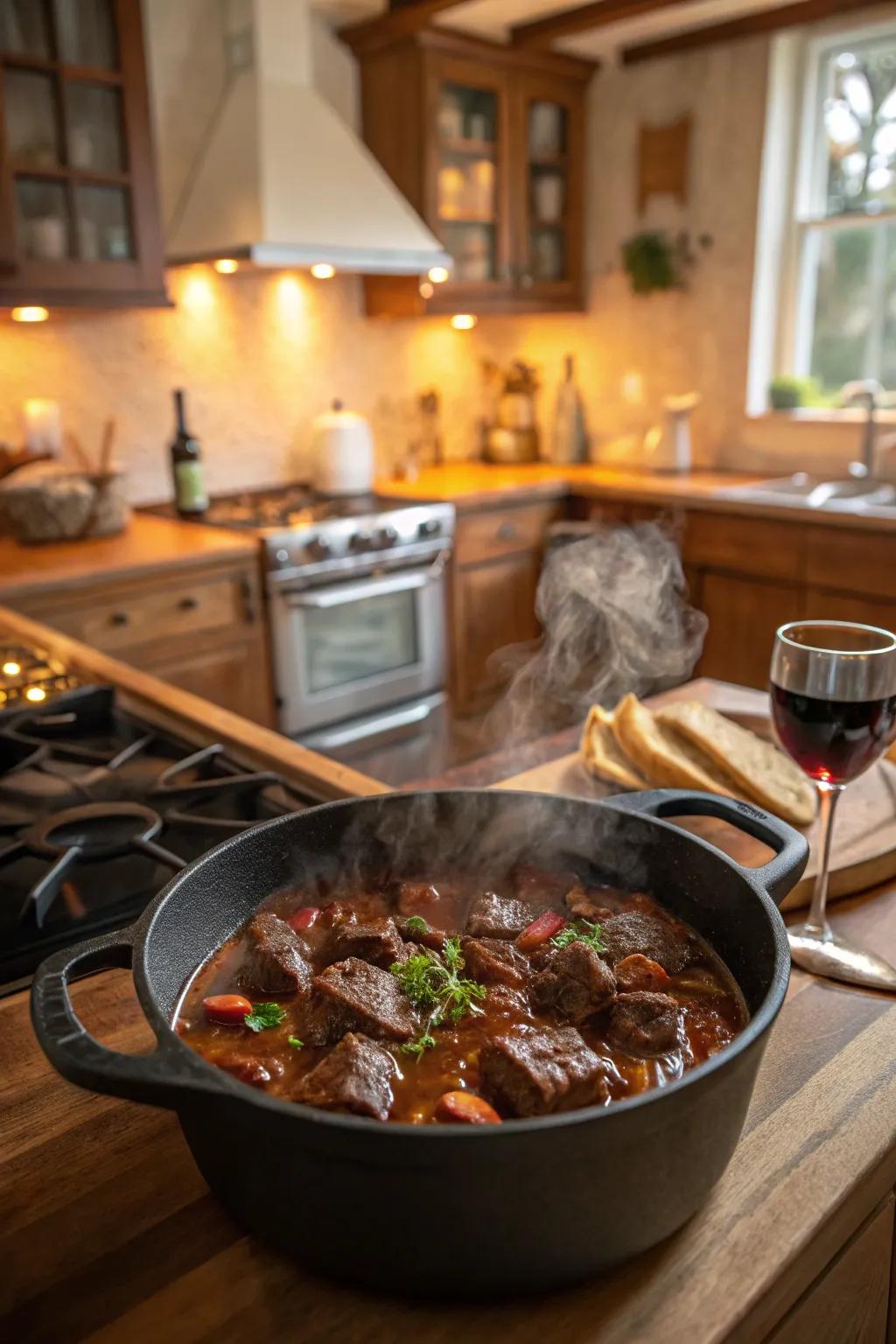 A rich beef stew with red wine, a timeless classic reinvented.