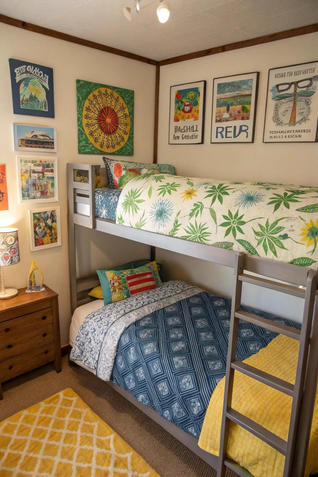 Personalized bunk room with unique linens and artwork.