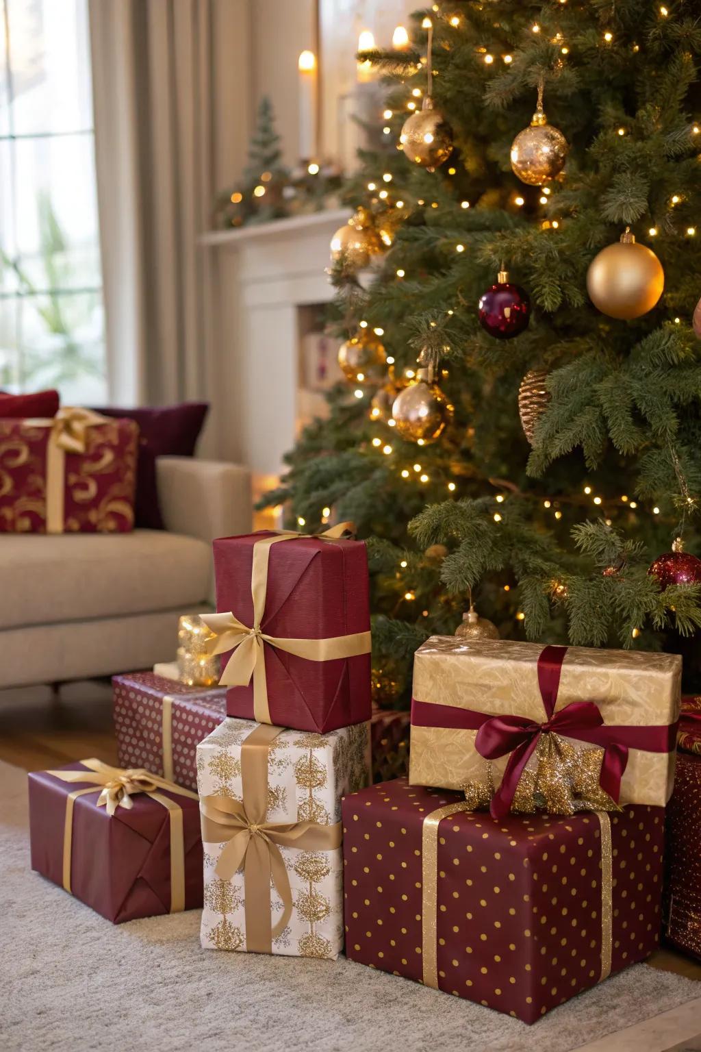 Coordinated present wraps heighten the motif beneath the tree.