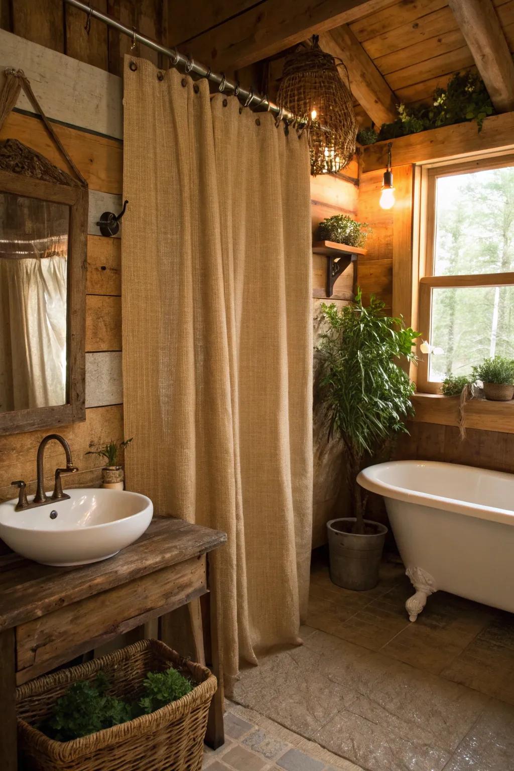 Sackcloth shower drapes: the ultimate rustic retreat.