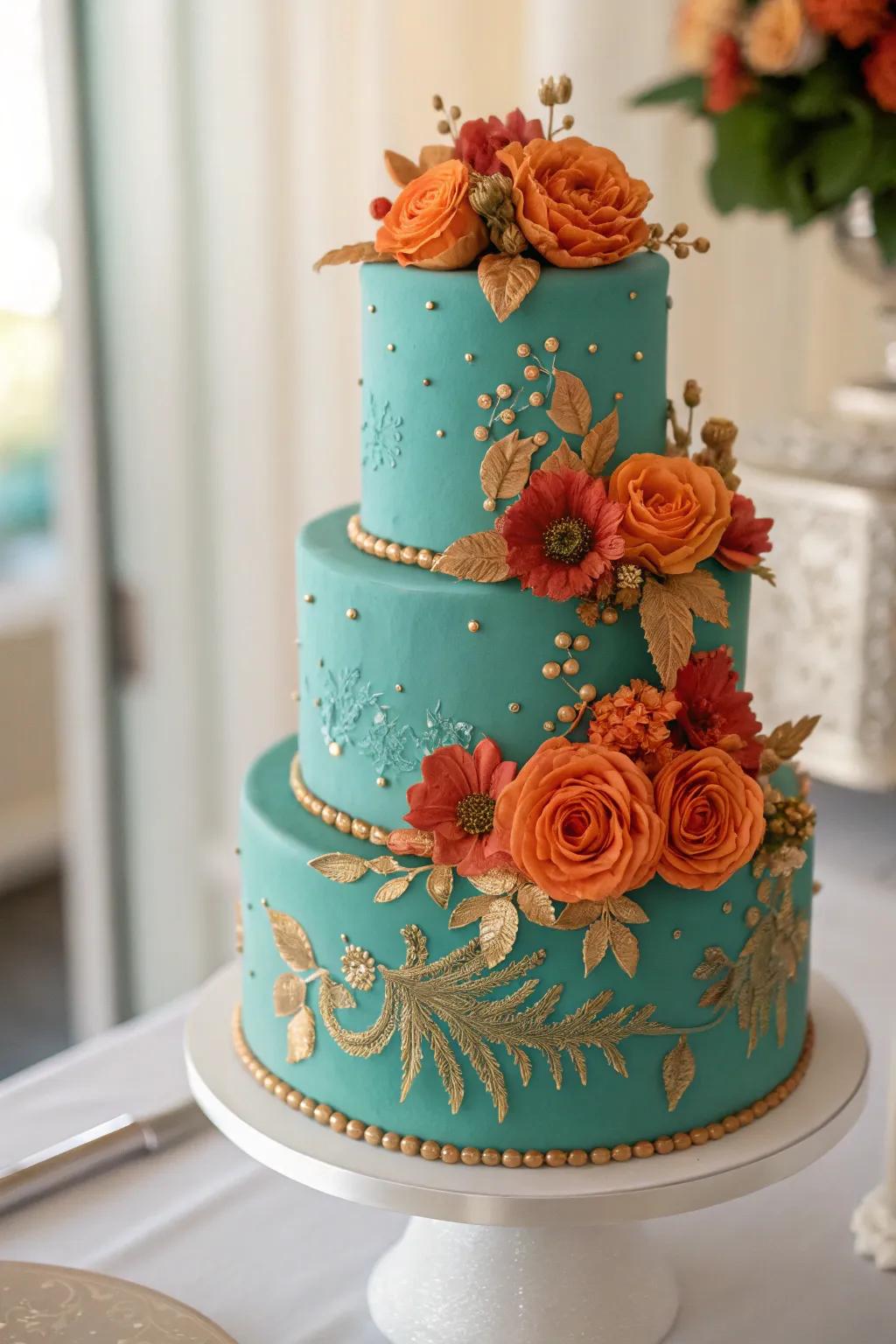 A wedding cake beautifully integrating ocean and sunset hues.