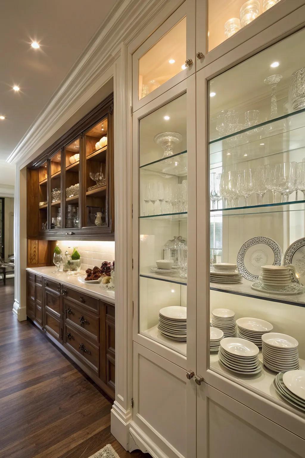An exquisite butler's pantry displaying crystal cabinet facades for a sophisticated touch.