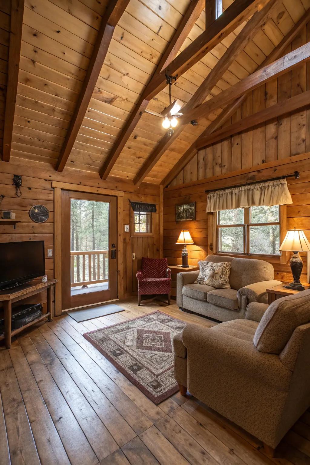 Exposed beams impart architectural intrigue and a rustic allure to this cabin.