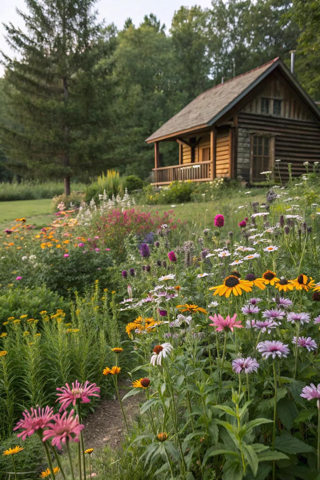 Prairie flowers contribute color and support pollinators surrounding your cabin.