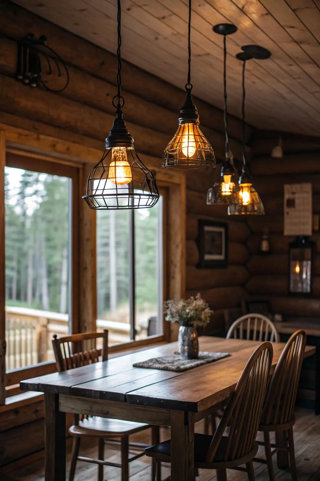 Aged drop lights enriching a cabin dining zone with nostalgic charm.