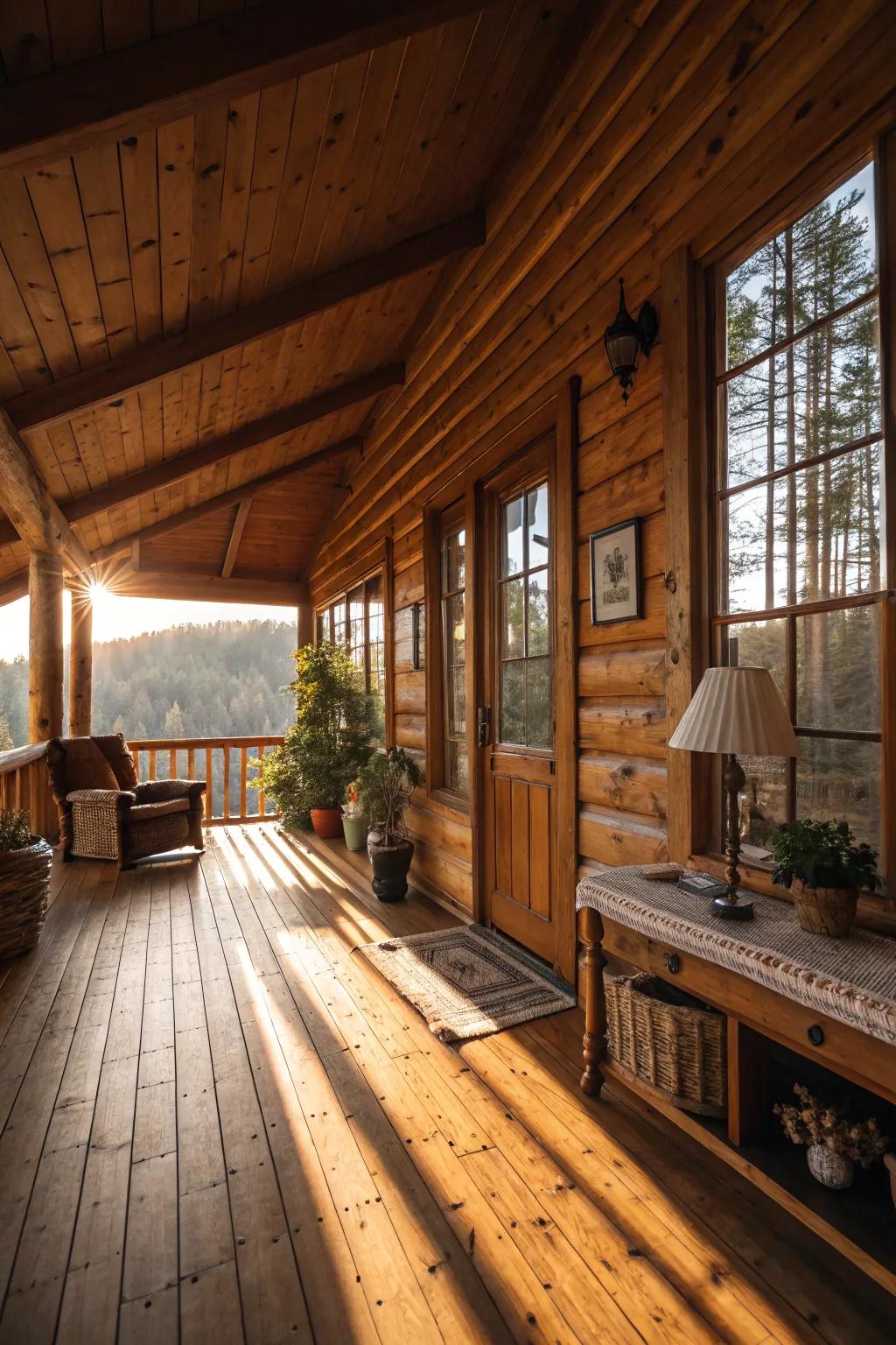 Deep wood shades foster a cozy and welcoming atmosphere.