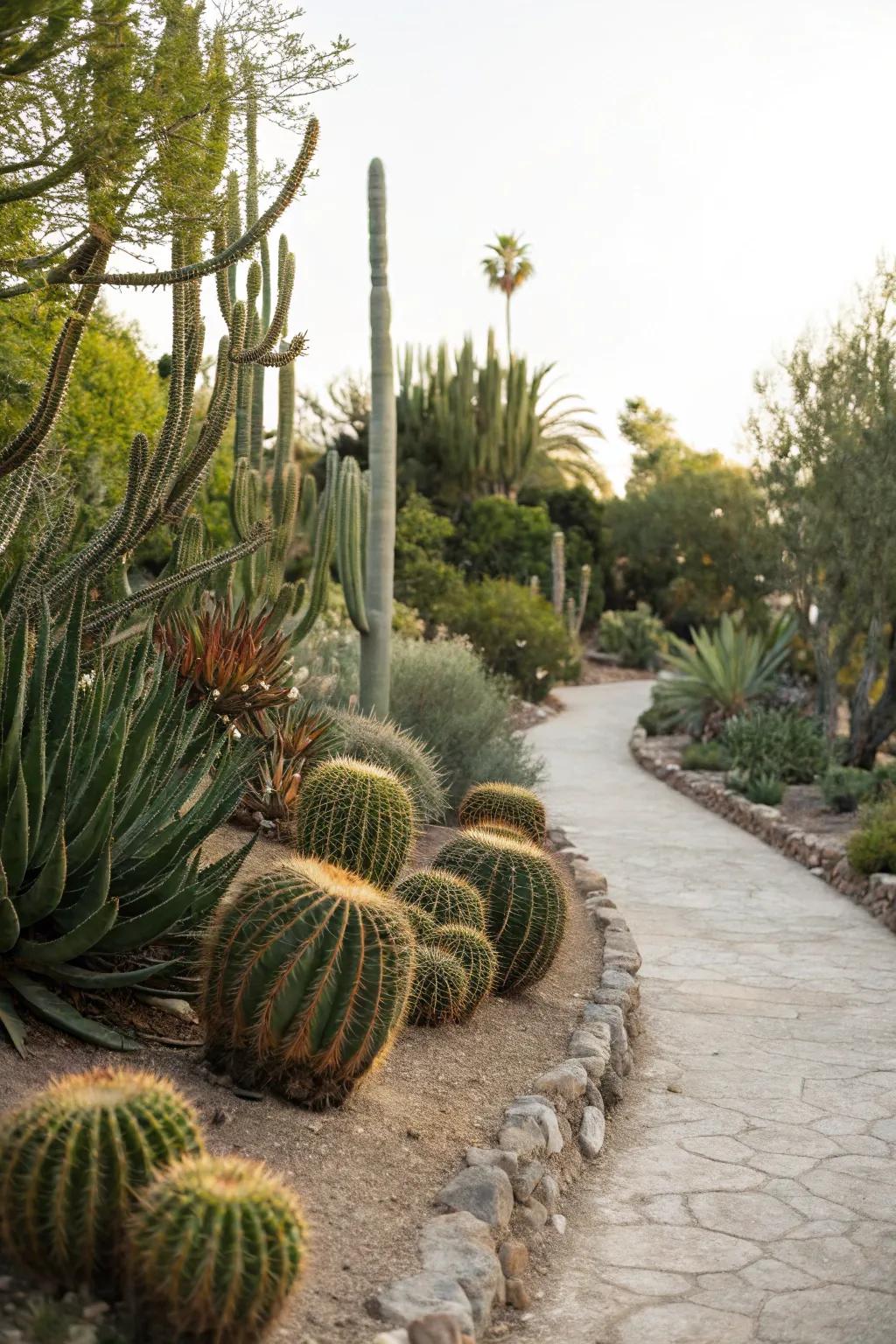A trail edged with cacti, evoking the ambiance of a desert exploration.