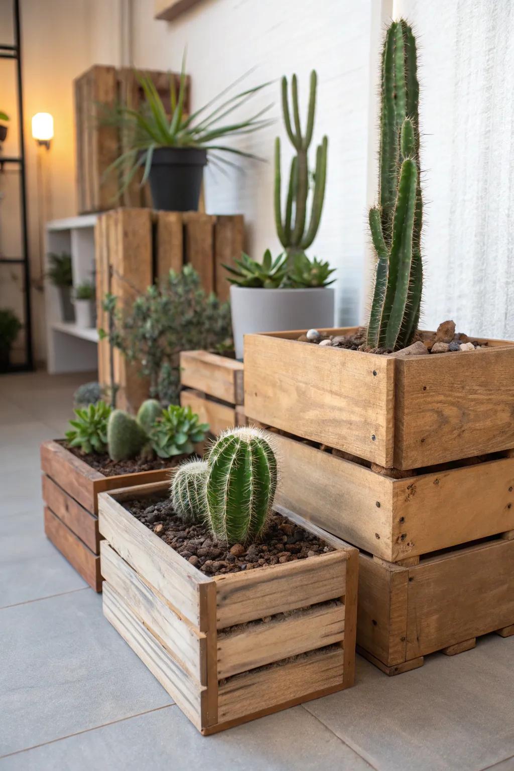 Reused lumber boxes impart a rustic appeal to your cactus garden.