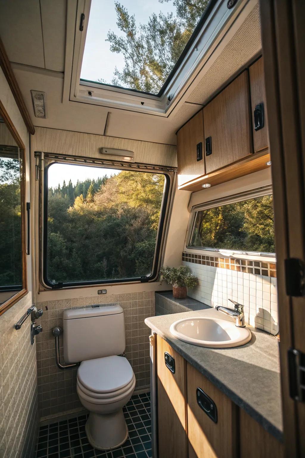A camper van bathroom beautifully illuminated by an overhead window.