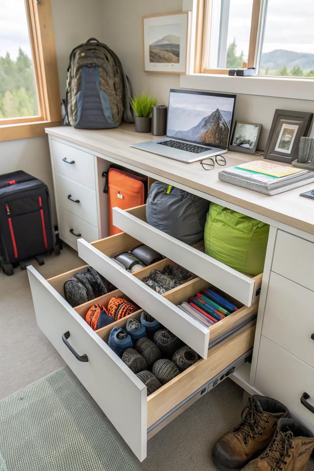 Pullout units efficiently sort and store camping gear.