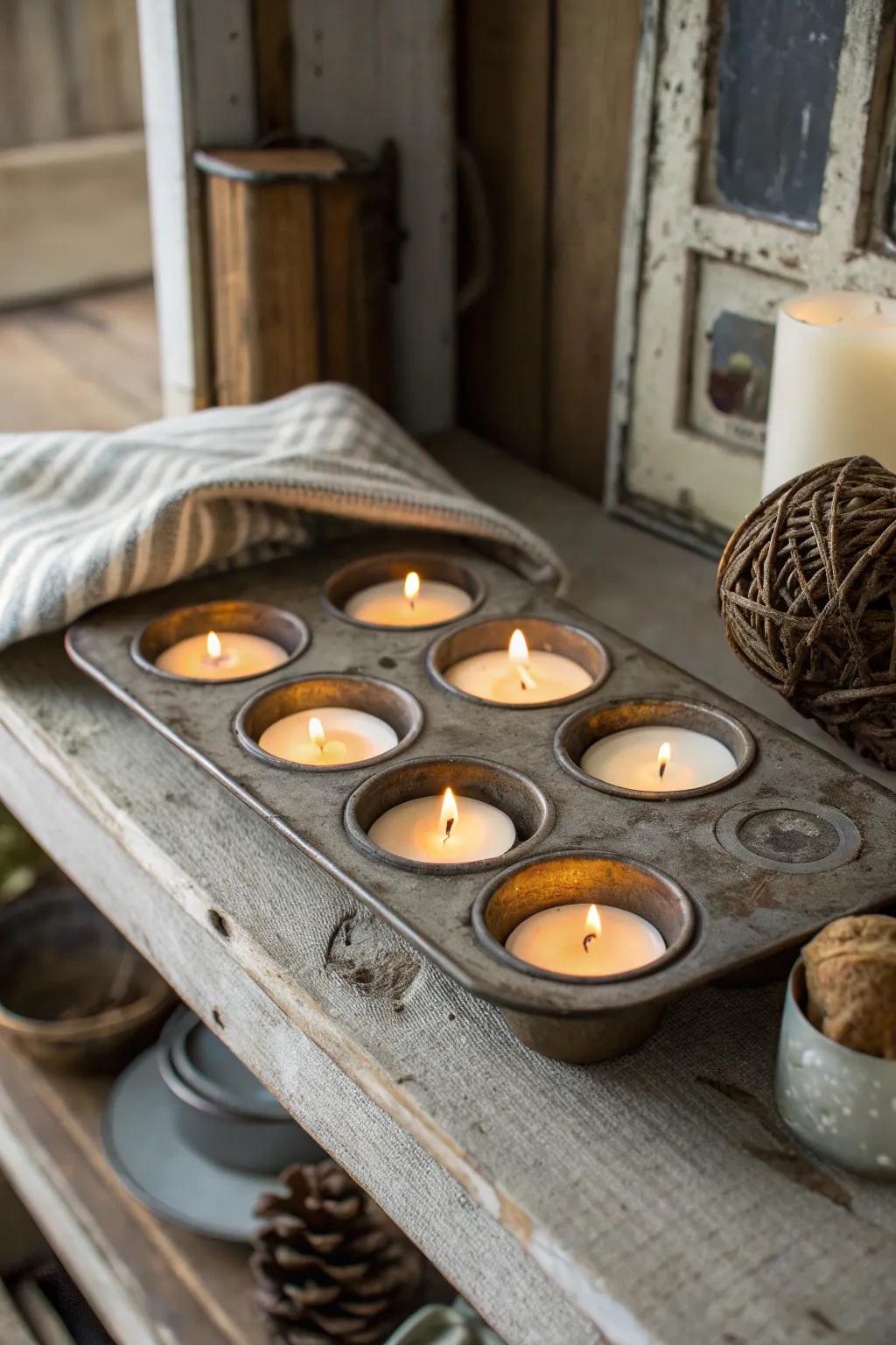 A vintage baking tin creates a charming candle display.