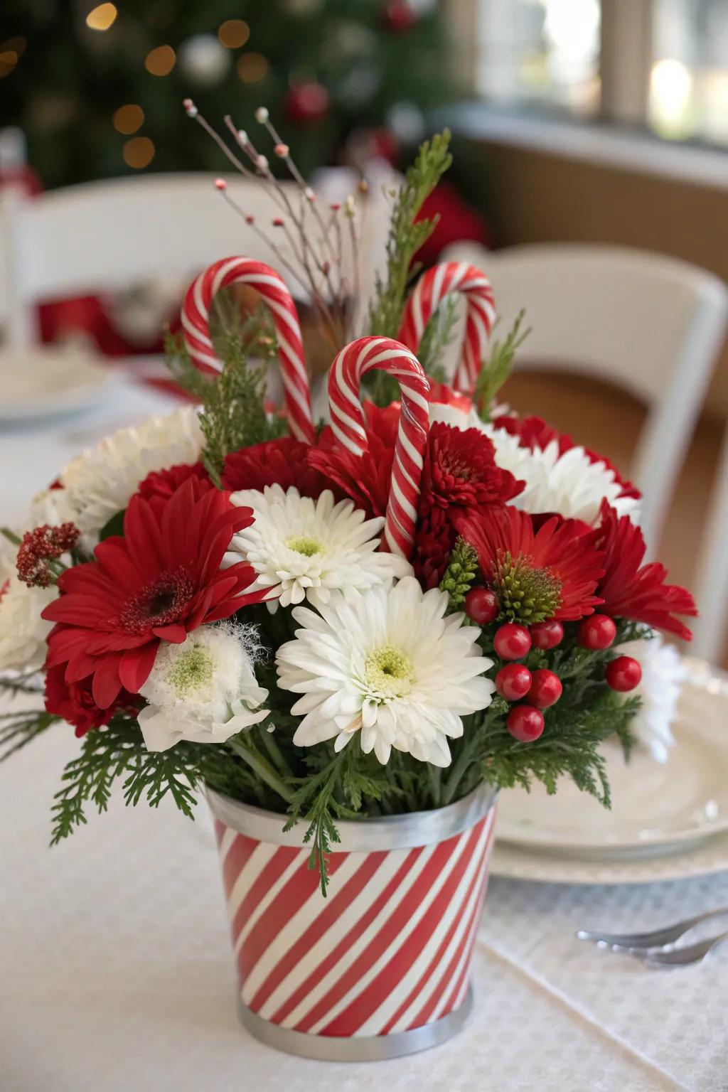 Construct eye-catching focal decor with peppermints and flowers.