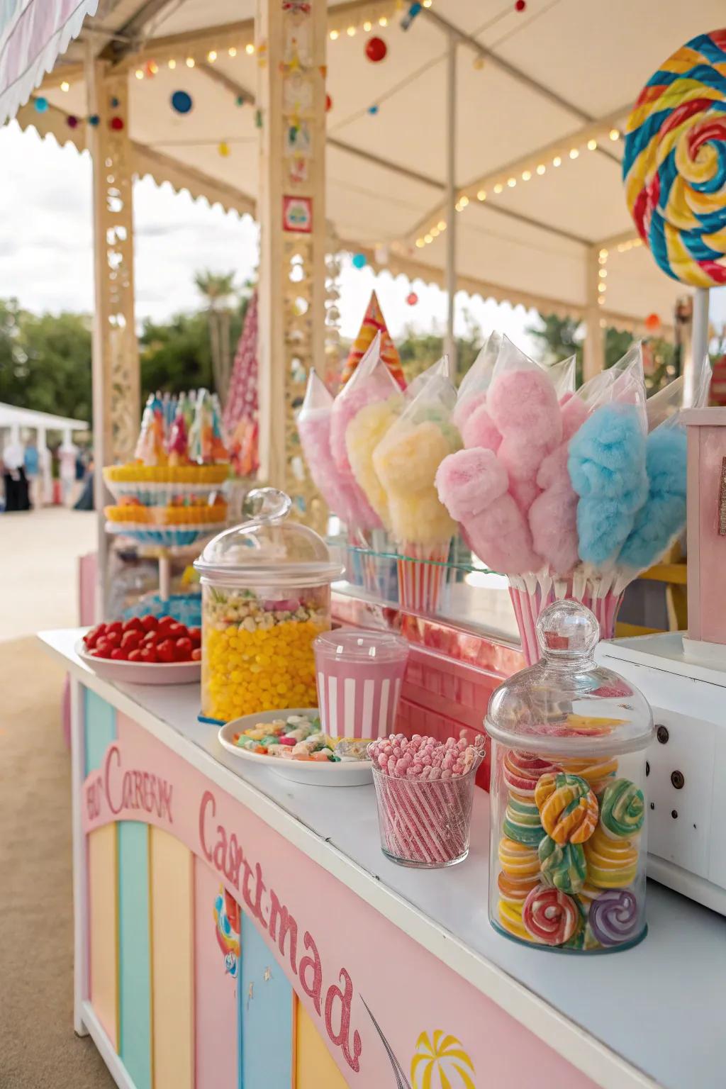 A festive carnival sweet station, alive with vibrant colors and iconic treats.
