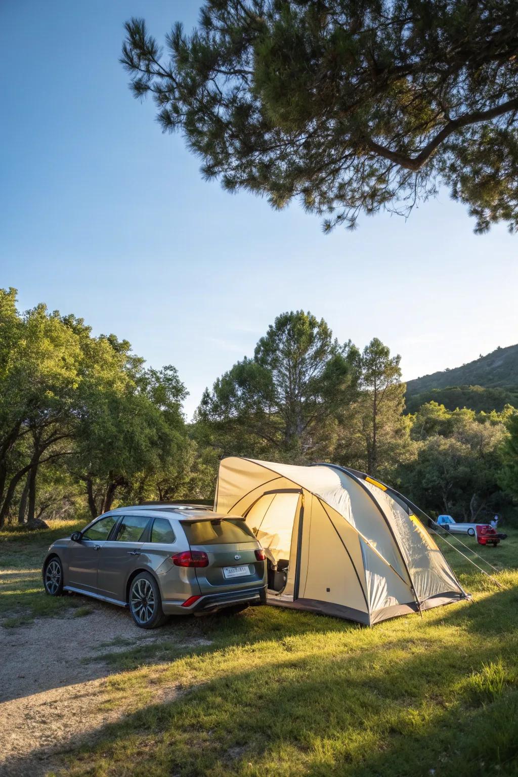 Establish a comfortable outdoor shelter using a large tent.