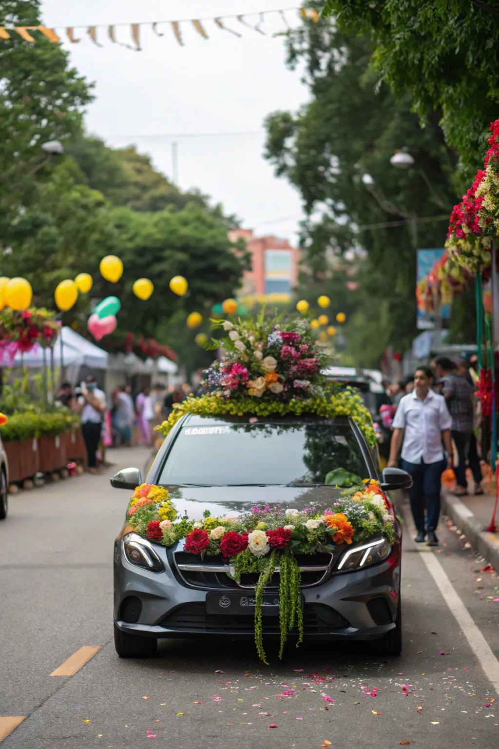 A car transformed into a botanical showpiece, perfect for a festive parade.