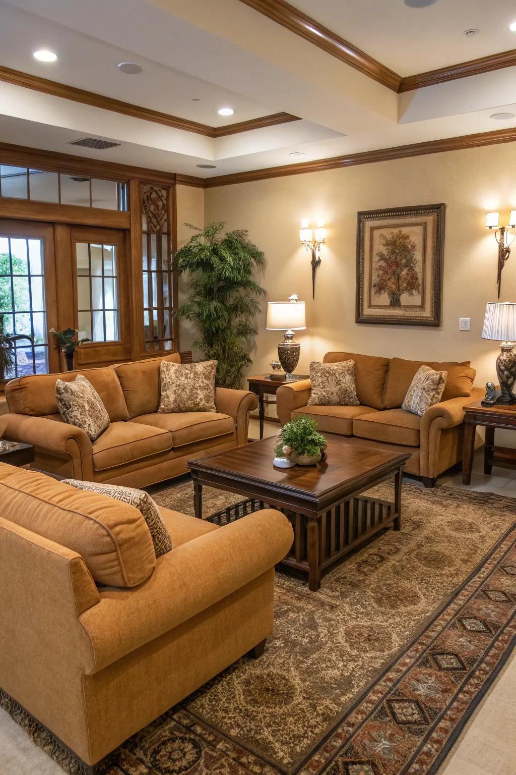 Practical layouts enhance the usability of a honey-toned sofa space.