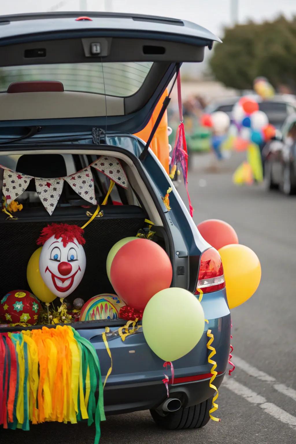 A cheerful jester-themed trunk brimming with color and fun.