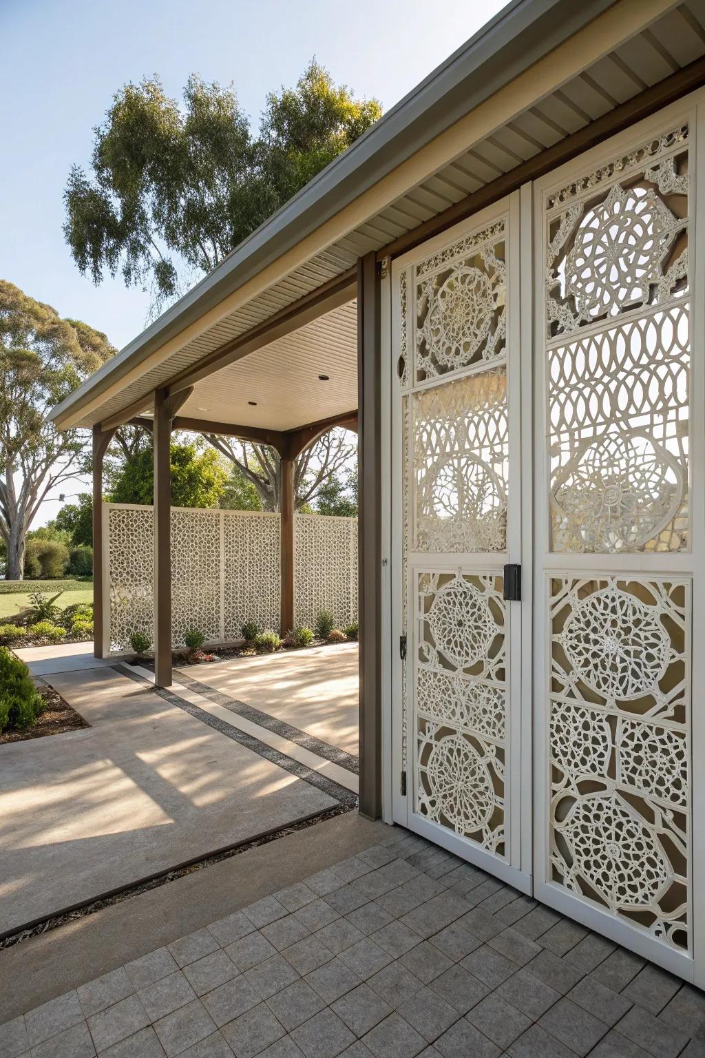 A carport showcasing ornamental trellis screen doors, adding a creative flair to the design.