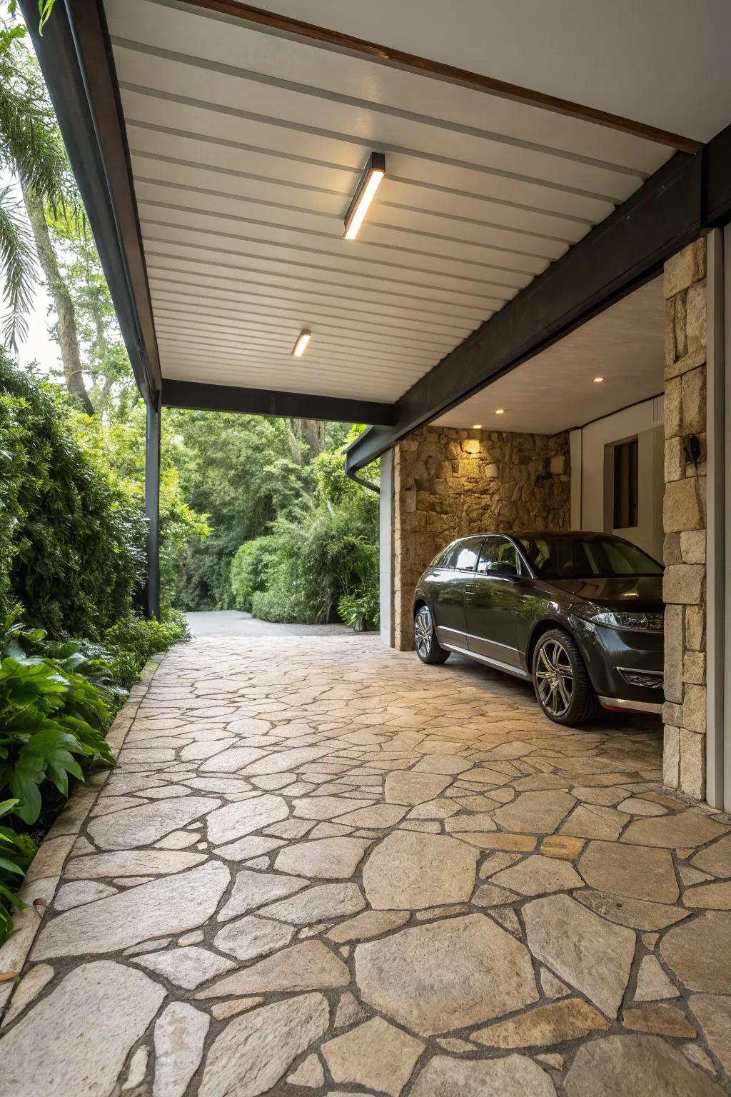 Stone pavers fashion a natural, harmonious carport ambiance.