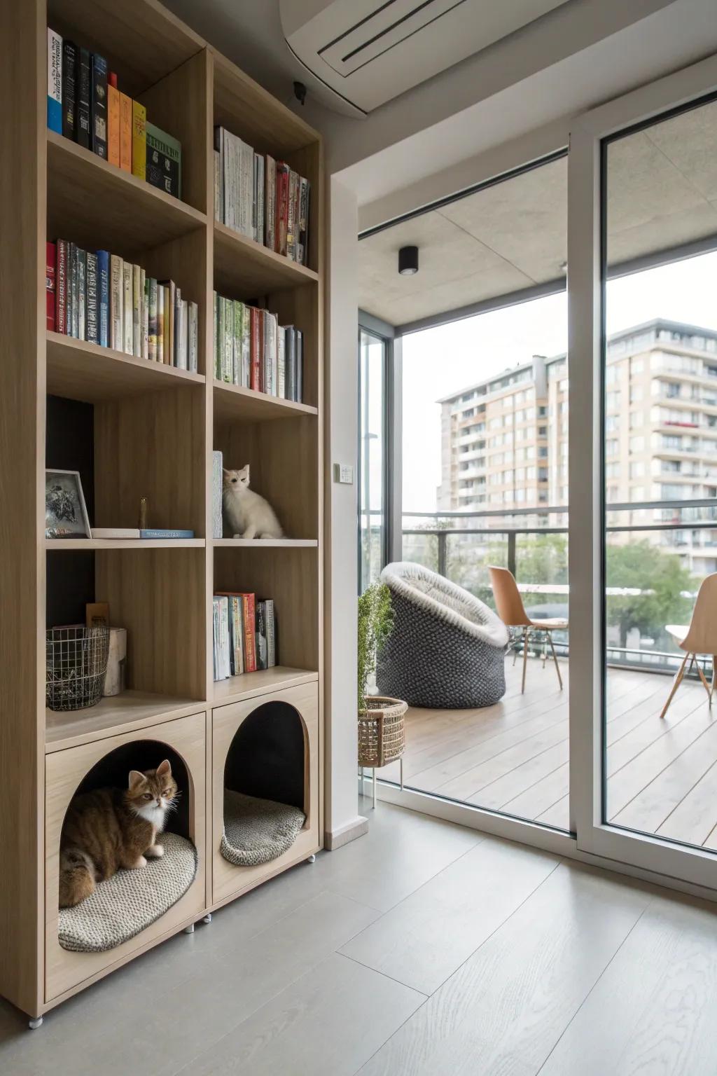 Bookshelf serving also as a feline playground.
