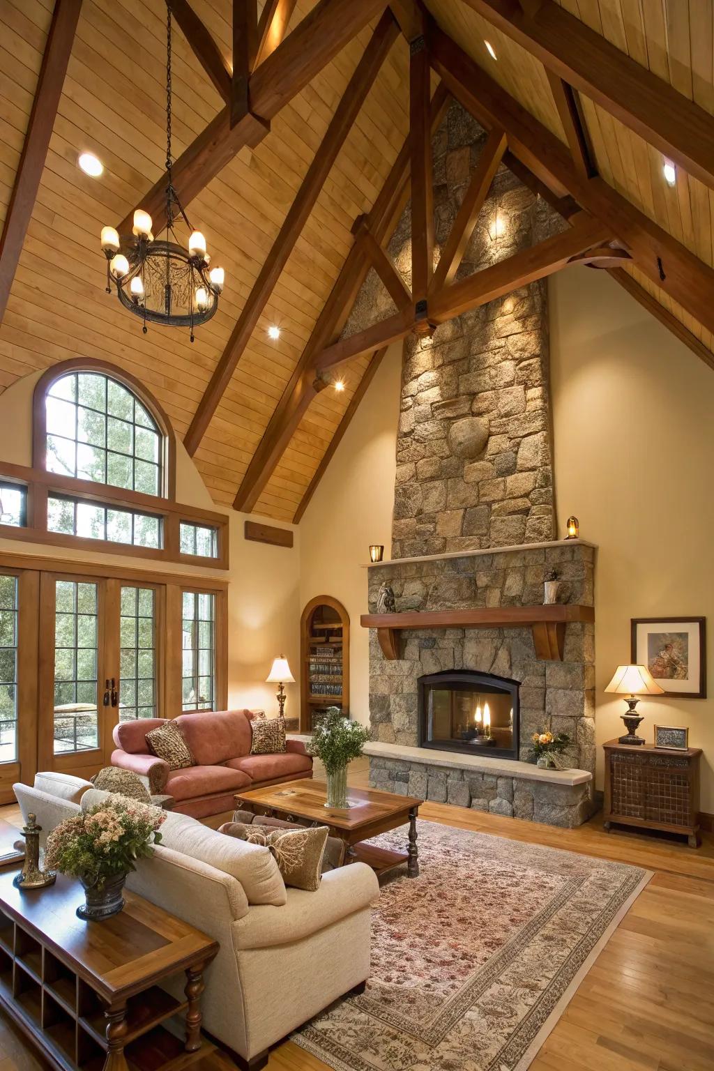 Outdoor accents like timber and rock fashion a harmonious design.