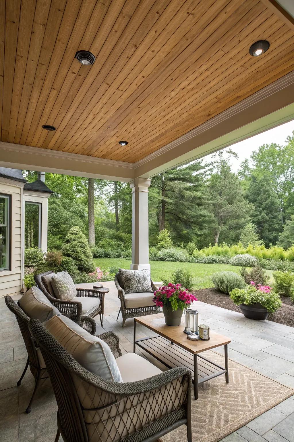 An exterior veranda with a wooden ceiling, conducive to unwinding.